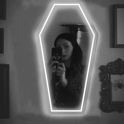 Gothic Elegance Coffin Neon Mirror Acrylic Glass Durable Resistant White Wall Decor for Witch Bedroom Gothic Lovers Gift