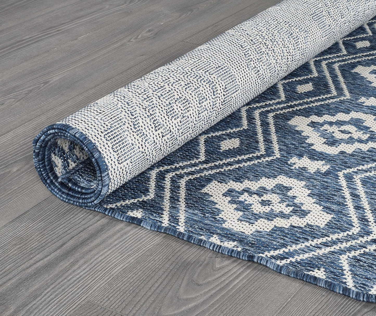 Waikiki Boho Indoor Outdoor Rug 5X7, Washable outside Carpet for Patio, Deck, Porch, Bohemian Area Rug, Farmhouse Rugs, Aztec Tribal Rug, Azure and White